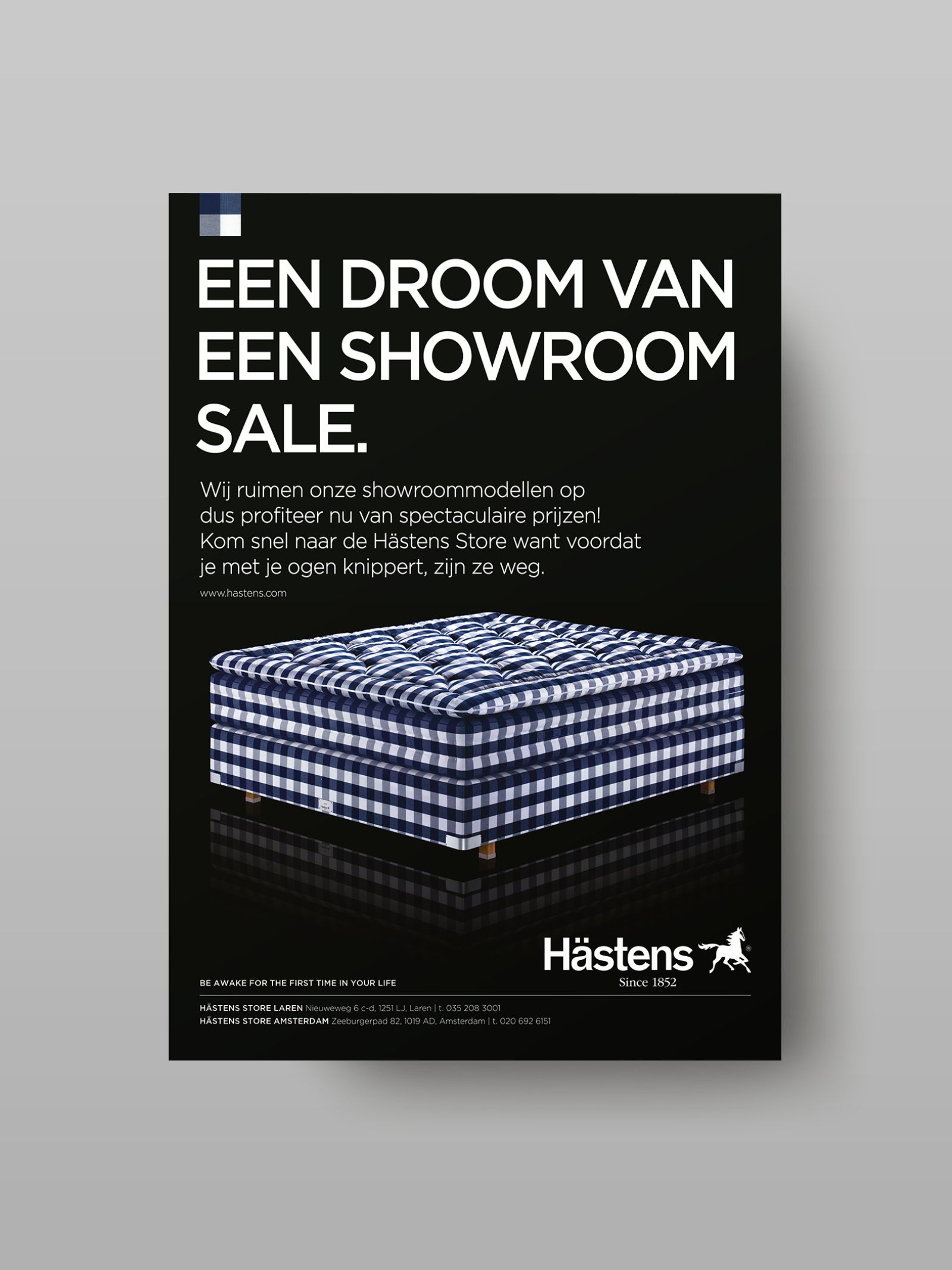 Hele pagina advertentie Hästens. Een droom van een showroom sale. Gemaakt door Wim Hop Reclame & Marketing.
